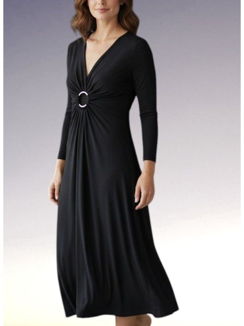 Evan Picone Figure-Flattering Black Cocktail Dress Long Sleeve V-neck Size 8